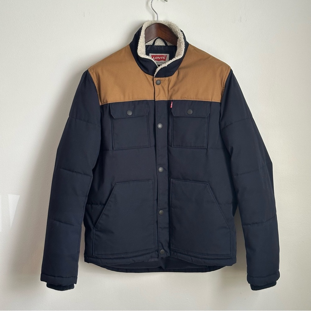 Levi's Quilted Woodsman Puffer Jacket Mens Medium Blue Tan